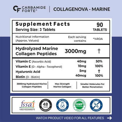 Carbamide Forte Hydrolyzed Marine Collagen Tablets | 3000mg Collagen Peptides with Biotin & Hyaluronic Acid - Type 1 Marine Collagen Powder | Marine Collagen Supplements for Women & Men - 90 Tablets