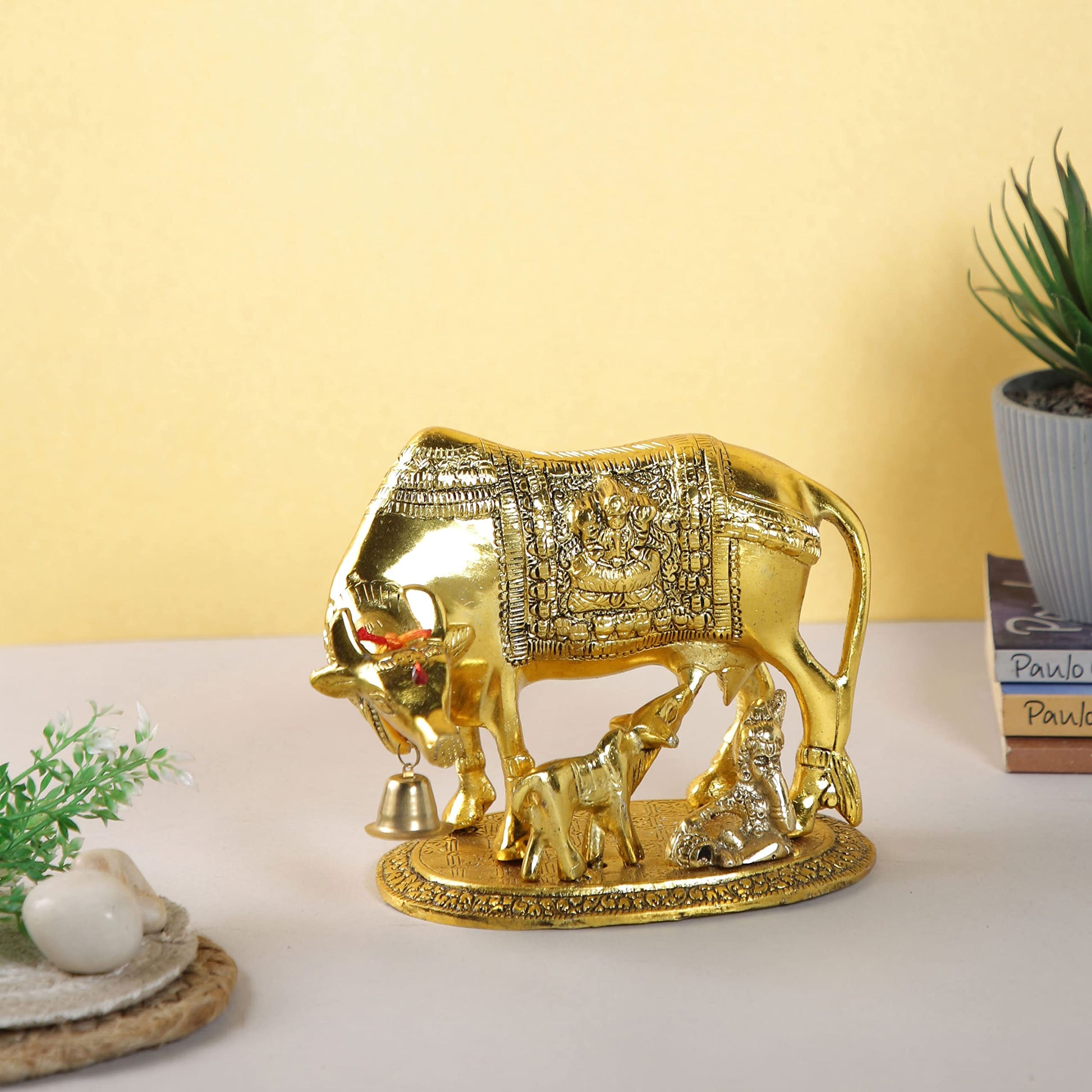 Collectible India Metal Kamdhenu Cow with Calf Showpiece, 7.5 x 7 x 5.5 Inches,