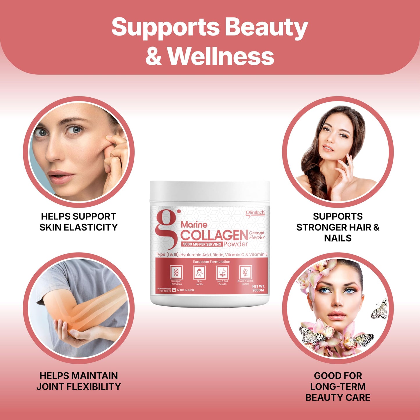 GLIMLACH Marine Collagen Supplements for Women & Men, 200g | Hydrolyzed Collagen Powder and Amino Acids | Supports Healthy Skin, Hair, Nails, Bone & Joint | Orange Flavour
