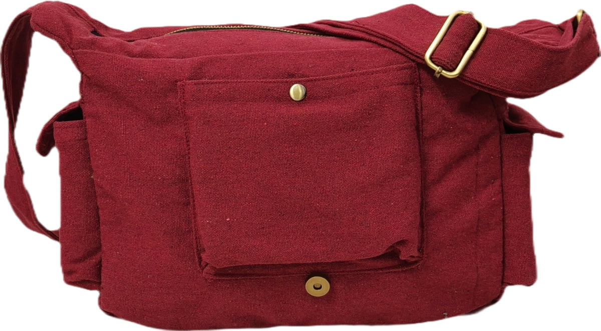 Papyrus Canvas Messenger Sling Bag,(32X23X10cm, 7.5L) Medium Size. Patching with Elephant Design (RED MAROON)