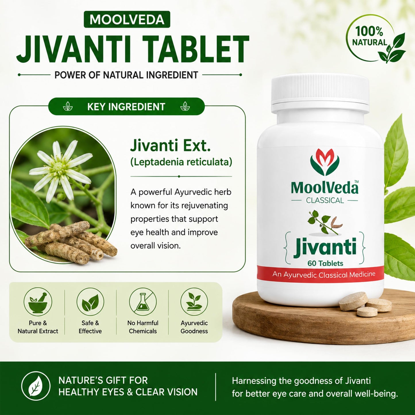 Moolveda Jivanti Tablets | Ayurvedic Eye Care Supplement | Vision Support & Daily Eye Wellness | 60 Veg Tablets | Pack of 2