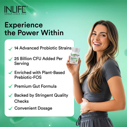 INLIFE Probiotics Forte 25 Billion CFU, 14 Strains with Lactobacillus Reuteri, Gut Digestive & Immune Health, Men Women, 60 Veg Capsules (Pack of 2)