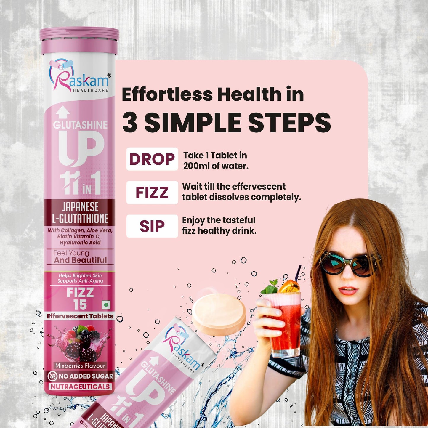 Raskam Glutathione Tablets Japanese L Glutathione 15 Effervescent Tablet In Mixberry Flavour With Collagen Aloevera Biotin Vitamin-c Hyaluronic Acid For Skin Glow & Hydration (Pack of 1)