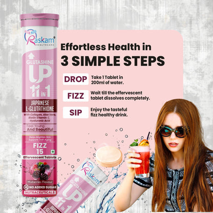 Raskam Glutathione Tablets Japanese L Glutathione 15 Effervescent Tablet In Mixberry Flavour With Collagen Aloevera Biotin Vitamin-c Hyaluronic Acid For Skin Glow & Hydration (Pack of 1)