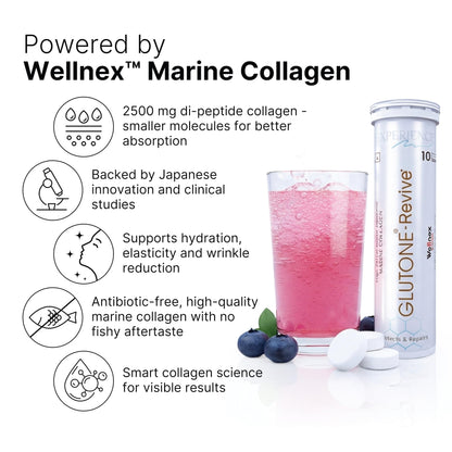 Glutone-Revive Effervescent Collagen Tablets – 2500 mg Wellnex Di-Peptide Marine Collagen|Supports Skin Hydration, Elasticity, Smooth Texture | For Men & Women | 10 Blueberry Flavour Tablets