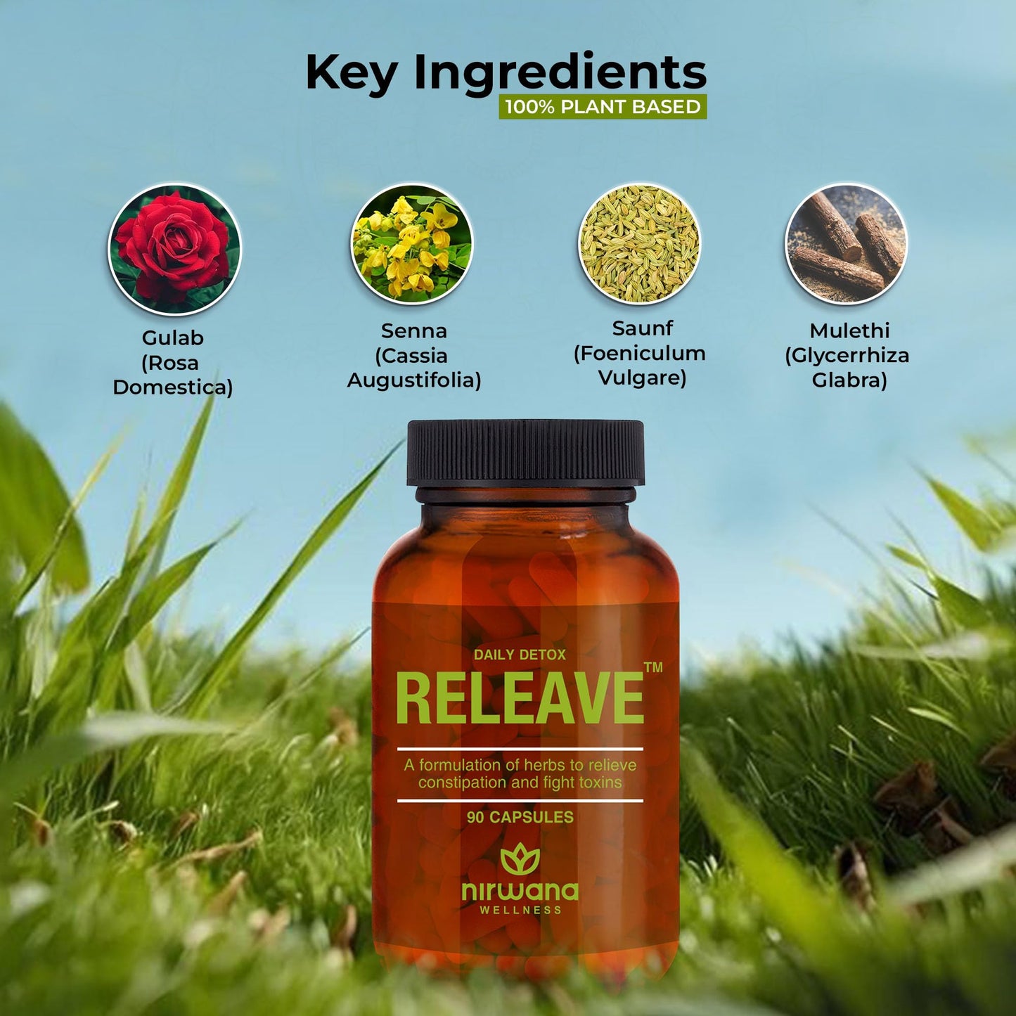 Nirwana Releave Capsule For Constipation,Gas,Acidity & Bloating Relief|Natural Herbal Gut Cleanse & Detox|Improves Digestion,Clean & Lubricate Bowel|100% Herbal Formula|90Capsules