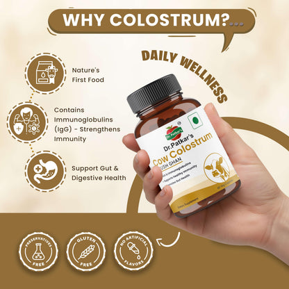 Dr. Patkar’s – Cow Colostrum 500 mg – Immune & Gut Health Supplement – High-Potency Colostrum Formula – Natural – 60 Vegetarian Capsules