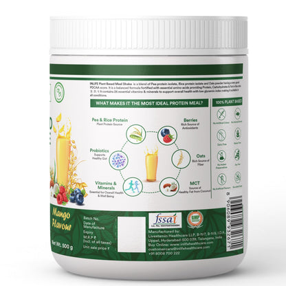 INLIFE Plant Based Meal Replacement Shake | Plant Protein Powder (17.5g Protein), Lactose Free | Added Probiotics, 500g (Mango)