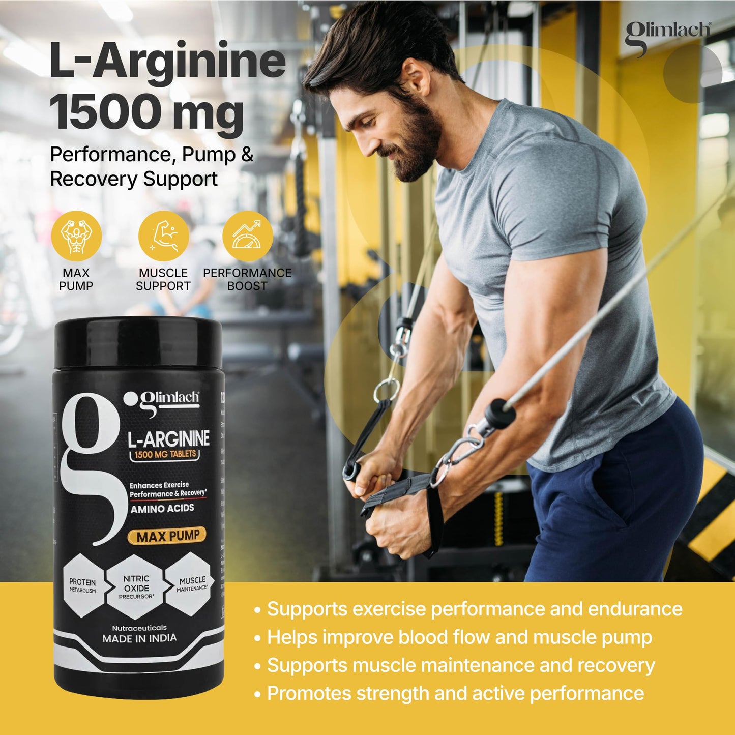 GLIMLACH L Arginine 1500mg Tablets | Dietary Supplement for Men and Women | High-Potency Amino Acid | Easy-to-Take Tablets for Daily Health, Nutrition, Energy, and Wellness | 120 Tablets
