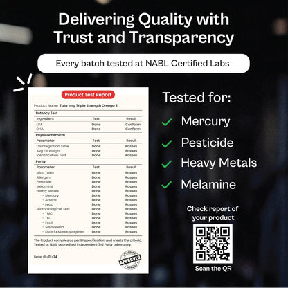 TATA 1mg Triple Strength Omega 3 Fish Oil Capsules 1250mg | 560mg EPA & 400mg DHA - High Strength Omega 3 | For muscle recovery, heart & joints | Pack of 90