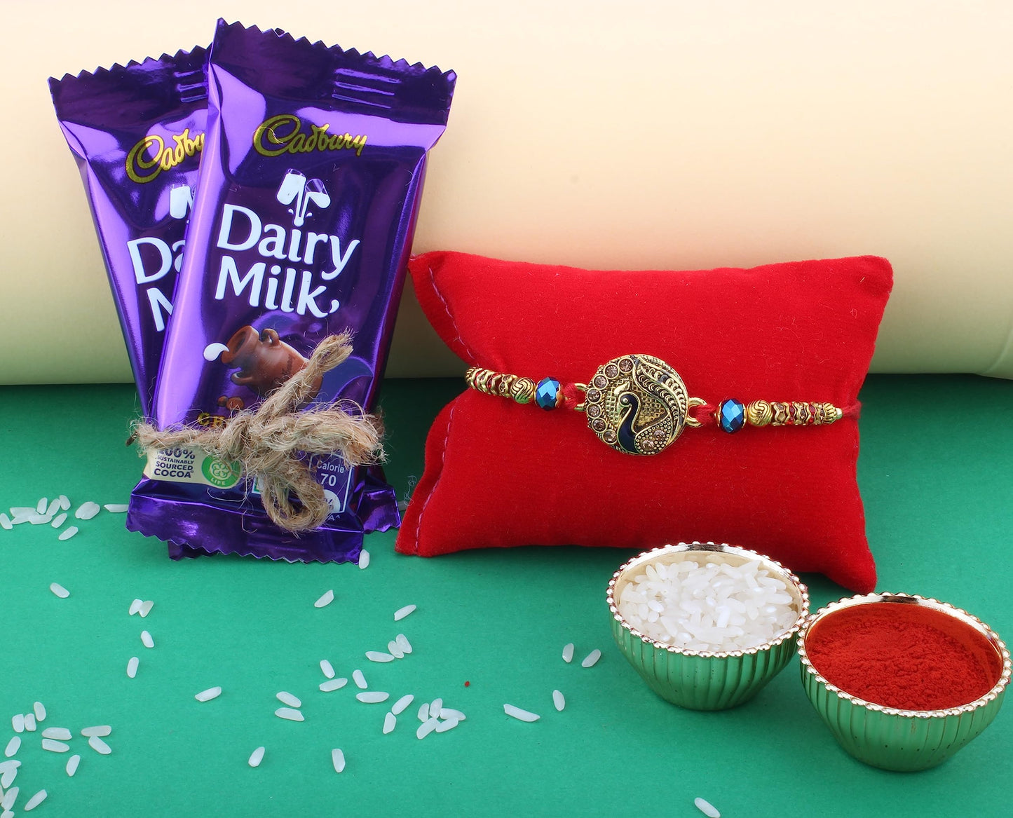 SFU E Com Premium Designer Rakhi with 2 Pieces Dairy Milk Chocolates, Premium Rakhi Chocolate Combo|26,200 Grams