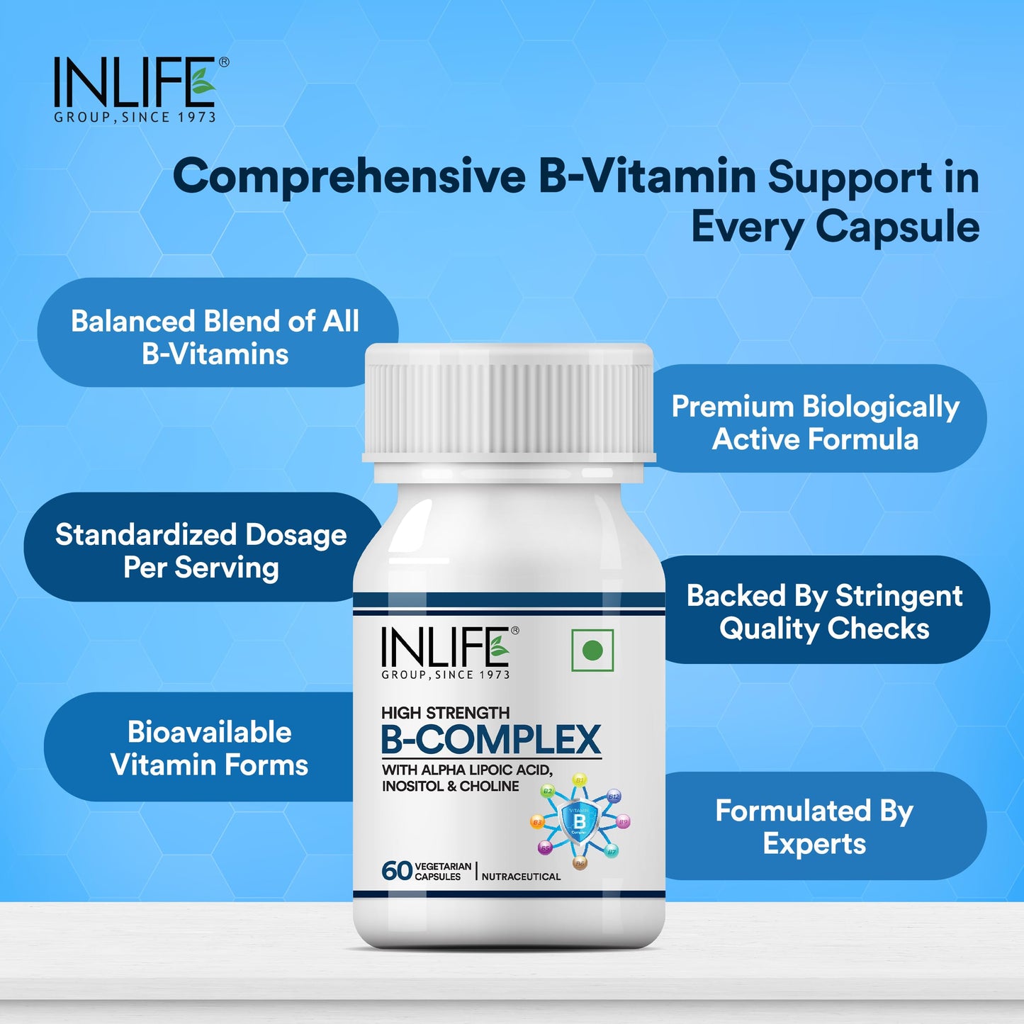 INLIFE B Complex Supplements B1, B2, B3, B5, B6, Biotin, with Vitamin B12, Folic Acid, Alpha Lipoic Acid, Inositol & Choline | | For Men Women - 60 Vegetarian Capsules