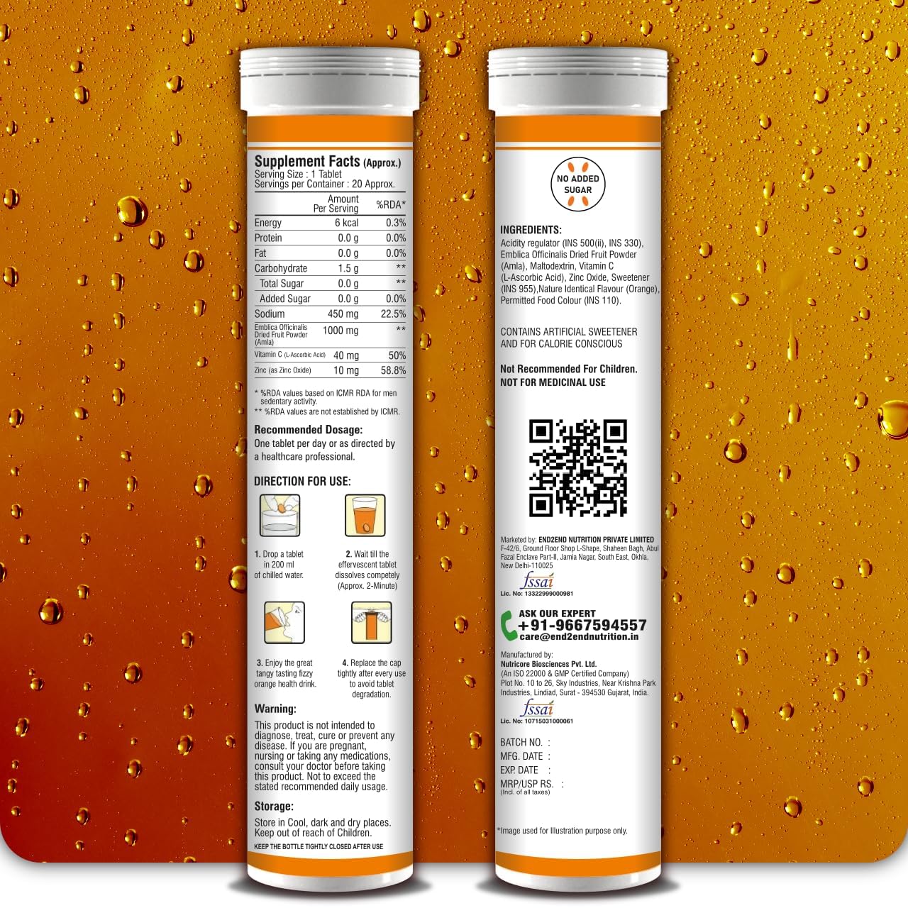 End2End Nutrition Natural Vitamin C - Amla Extract + Zinc for Immunity | Helps to Boost Collagen for Healthy Skin, Hair & Nails | Orange Flavour - (Pack of 3) 60 Effervescent Tablets