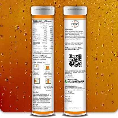 End2End Nutrition Natural Vitamin C - Amla Extract + Zinc for Immunity | Helps to Boost Collagen for Healthy Skin, Hair & Nails | Orange Flavour - (Pack of 3) 60 Effervescent Tablets