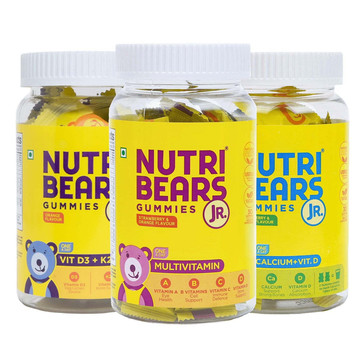 NutriBears Multivitamin, Calcium and Vitamin D3 + K2 +B12 Gummies for Kids, Combo Pack of 3 (90 Gummy Bears, Strawberry, Orange & Mango Flavour) Vitamin C, D, & Zinc for Immunity, Supplement for Strong Teeth and Bones