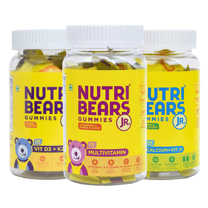 NutriBears Multivitamin, Calcium and Vitamin D3 + K2 +B12 Gummies for Kids, Combo Pack of 3 (90 Gummy Bears, Strawberry, Orange & Mango Flavour) Vitamin C, D, & Zinc for Immunity, Supplement for Strong Teeth and Bones
