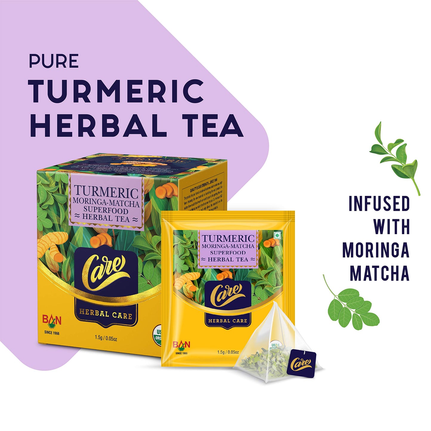 CARE Turmeric Moringa Matcha Herbal Green Tea Bags, 15 Bag (Pack of 1) Organic Desi Kahwa with Orange Peels | Whole Loose Leaves Blend | Ayurvedic Indian Kadha for Immunity Boost & Detoxification