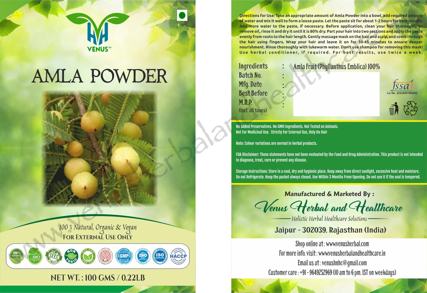 VENUS Unisex Amla Powder For Hair Care | Natural - 100% Ground Phyllanthus Emblica Fruits (100 Grams)