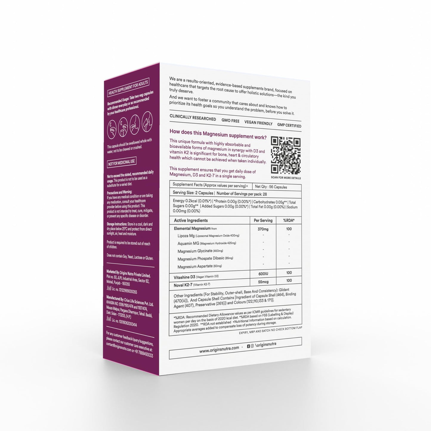 Origins Nutra Magnesium + D3 + K2-7 for Women | Supports Bone Health, Hormonal Balance, and Migraine Relief | Eases Leg Cramps | Five Magnesium Salts, Noval Vitamin K2-7, Vitashine D3 | GMP Certified | 56 Veg Capsules