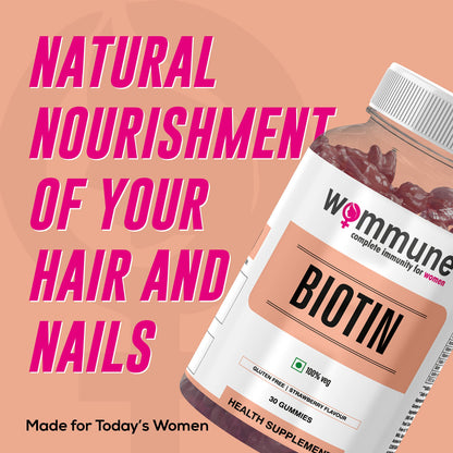 Wommune Biotin Gummies with Zinc, Vitamin C, A, D, E, B6, B12, B5 & Folic Acid for Hair, Skin & Nail Supplements | Strawberry Flavour | helps in Skin care & Hair Growth 30gummies