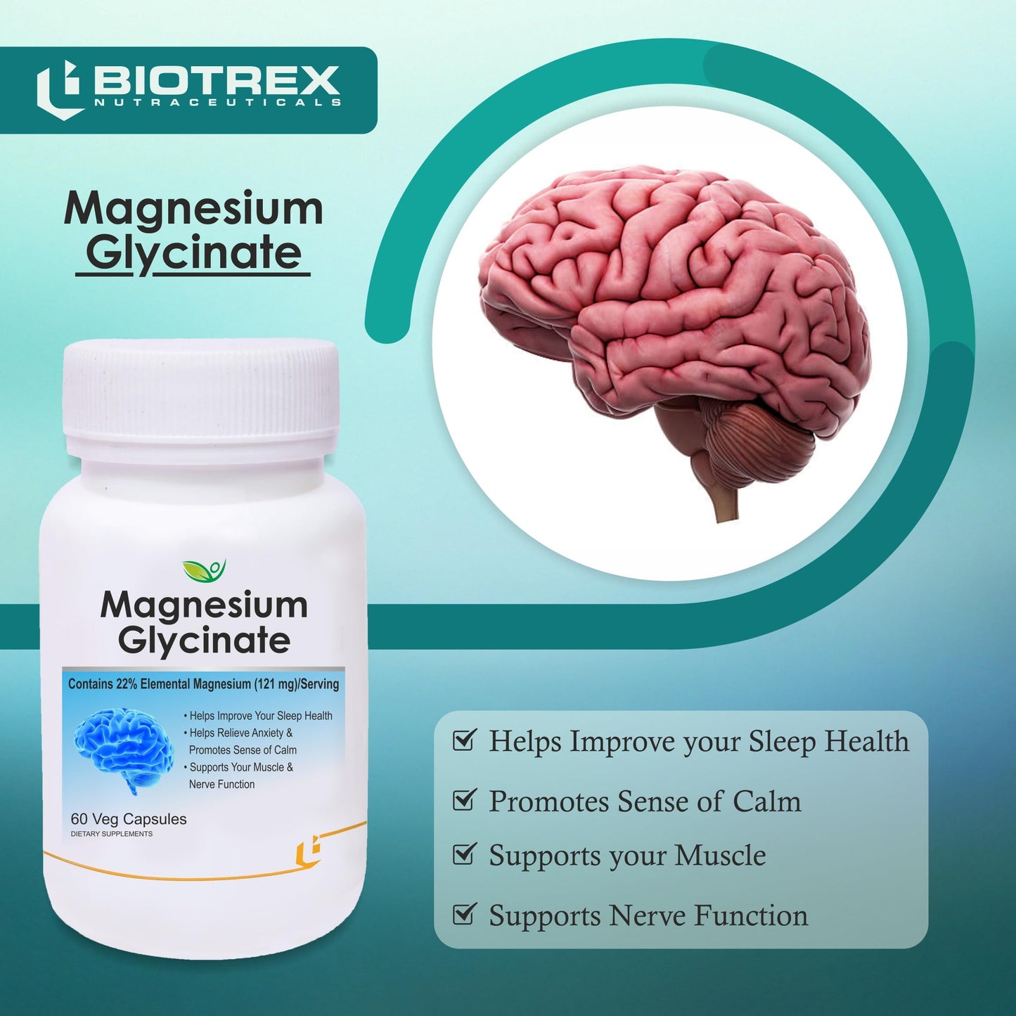 Biotrex Nutraceuticals Magnesium Glycinate | Highest Bioavailability | Cramps, Sleep & Mood balance | Chelated Form With Superior Absorption | Muscle Recovery & Nerve Function | 60 Veg Capsules