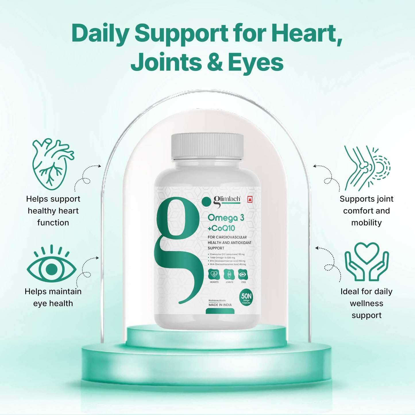 GLIMLACH Omega + CoQ10, 50 Soft Gels, 1280 mg Omega-3 + 100 mg CoQ10, Heart Health, Cellular Energy, Antioxidant Support | Fish Oil Omega-3 and CoQ10 Capsule Blend - 25 Servings