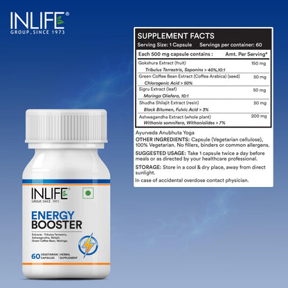 INLIFE Energy Booster Supplement, 5-Herb Blend, 500mg, 60 Veg Capsules