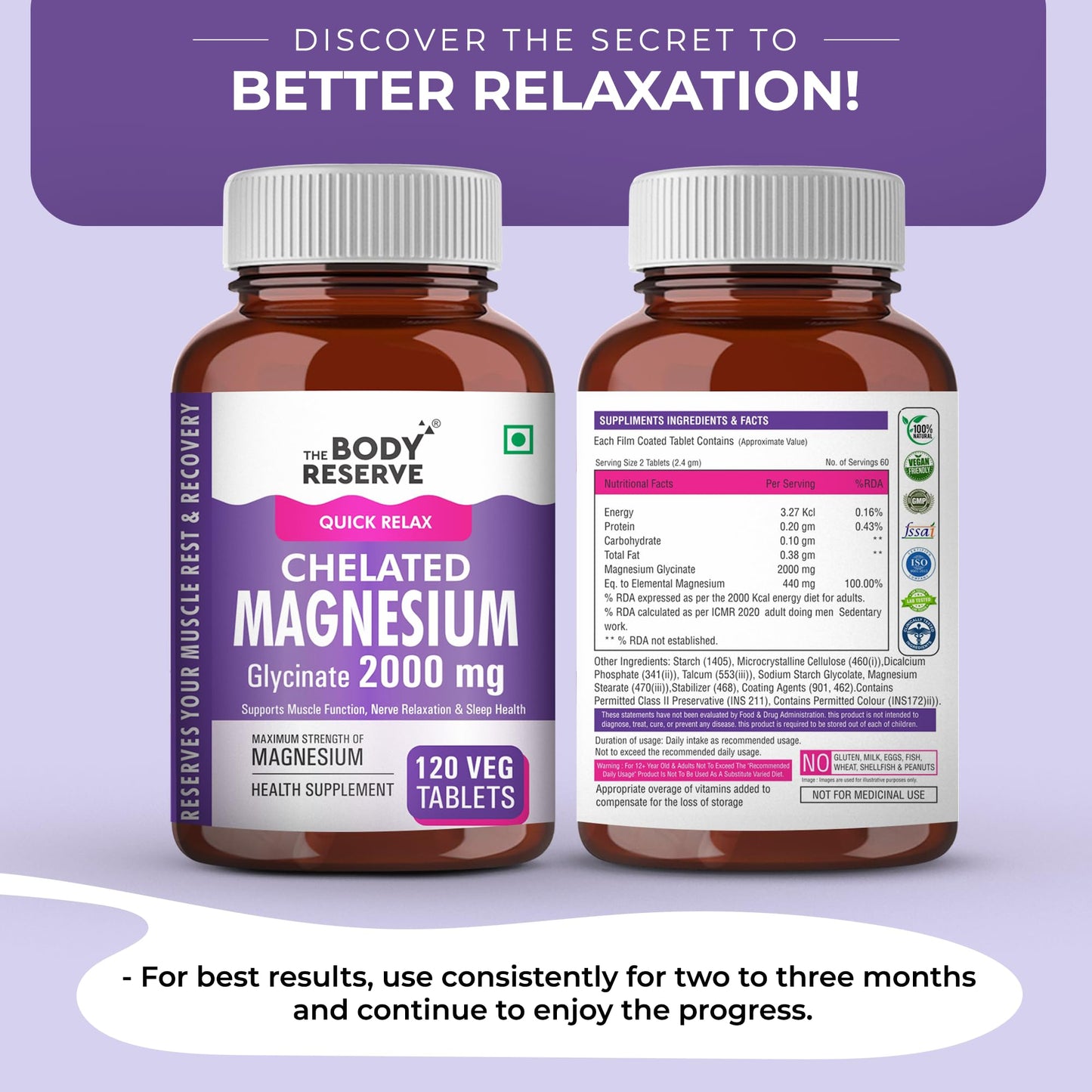 The Body Reserve Magnesium Glycinate Supplement 120 Veg Tablets, 2000mg Per Serving, High Absorption Chelated Form, helpful in Muscle & Nerve Relaxation, Better Sleep Quality for Men, Women, Pack of 2