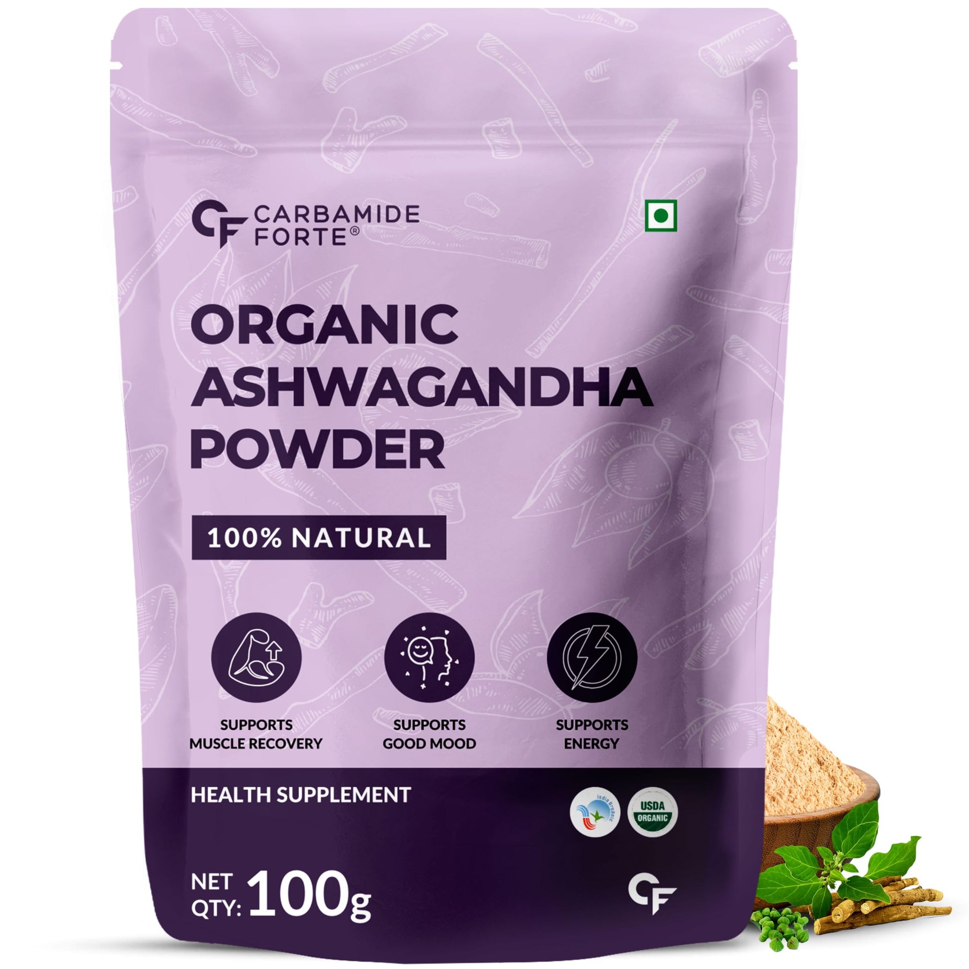 Carbamide Forte 100% Organic Ashwagandha Powder 100gm - Withania Somnifera | Pur