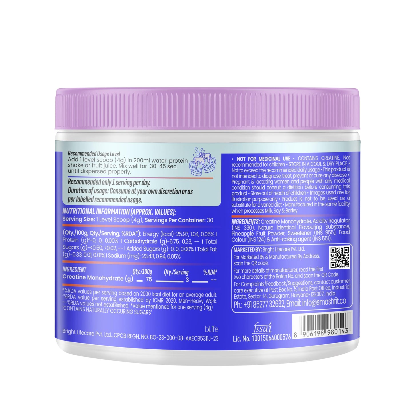 SMASH Micronised Creatine Monohydrate Powder, Fruit Frenzy (30 Servings, 120g)