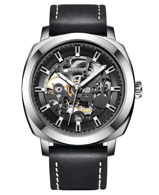 BENYAR Automatic Mechanical Self Wind Skeleton Black Dial Genuine Leather Analogue Watch For Men | Birthday Gift For Men | Gift For Husband | Gift For Brother, Black Band