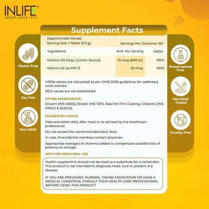 INLIFE Vitamin D3 600 IU K2 MK7 55 mcg, Lichen Sourced Plant Based, Stronger Bones Immunity & Calcium Absorption, 60 Tablets