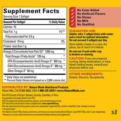 Nature Made One per Day Fish Oil 1200 mg Softgels 100 Count w. Omega-3 720 mg