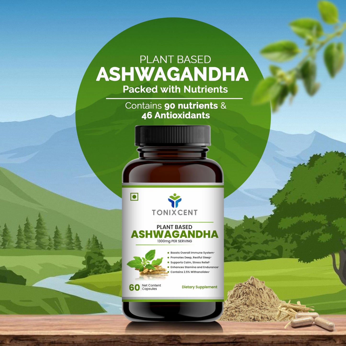 TONIXCENT ImmunoPower Recharge | Ashwagandha & ImmunoShield Capsules Combo | Stress Relief, Immunity & Energy | With Amla, Giloy, Tulsi & Adaptogens | 60+60 Veg Capsules