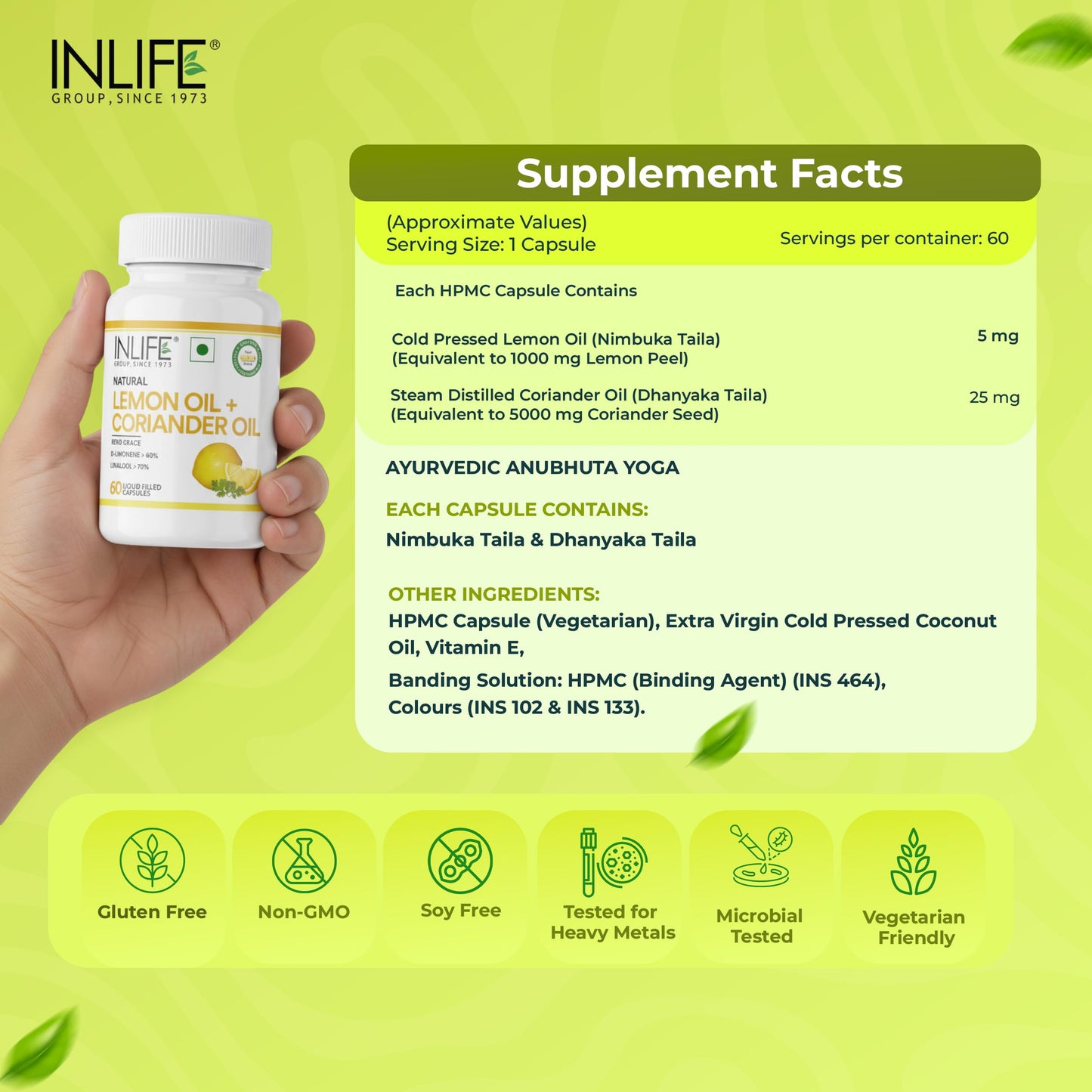 INLIFE Natural Lemon Coriander Oil Capsules | 60 Liquid Filled Vegetarian Capsules