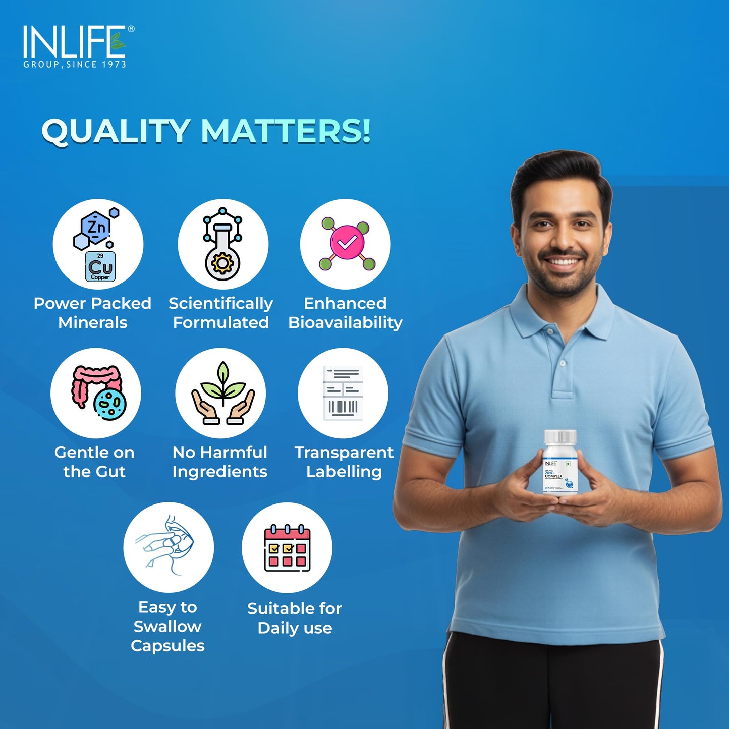 INLIFE Zinc Picolinate with Copper Gluconate Complex, Immunity Skin & Digestion Support Supplement, Overall Wellness, Men Women, 120 Veg Capsules (Pack of 1)