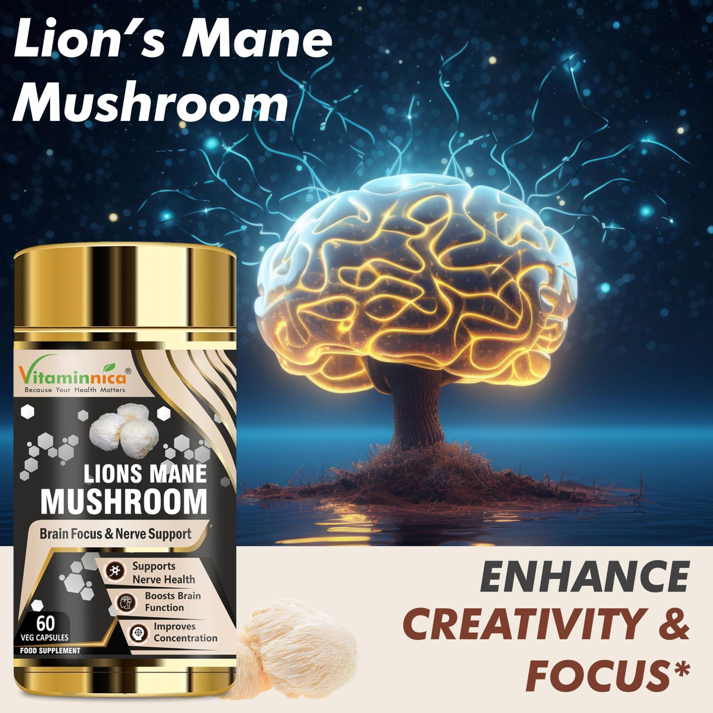 Vitaminnica Lion's Mane Mushroom 500mg- 60 Vegan Capsules | Nootropics for Brain Health & Focus