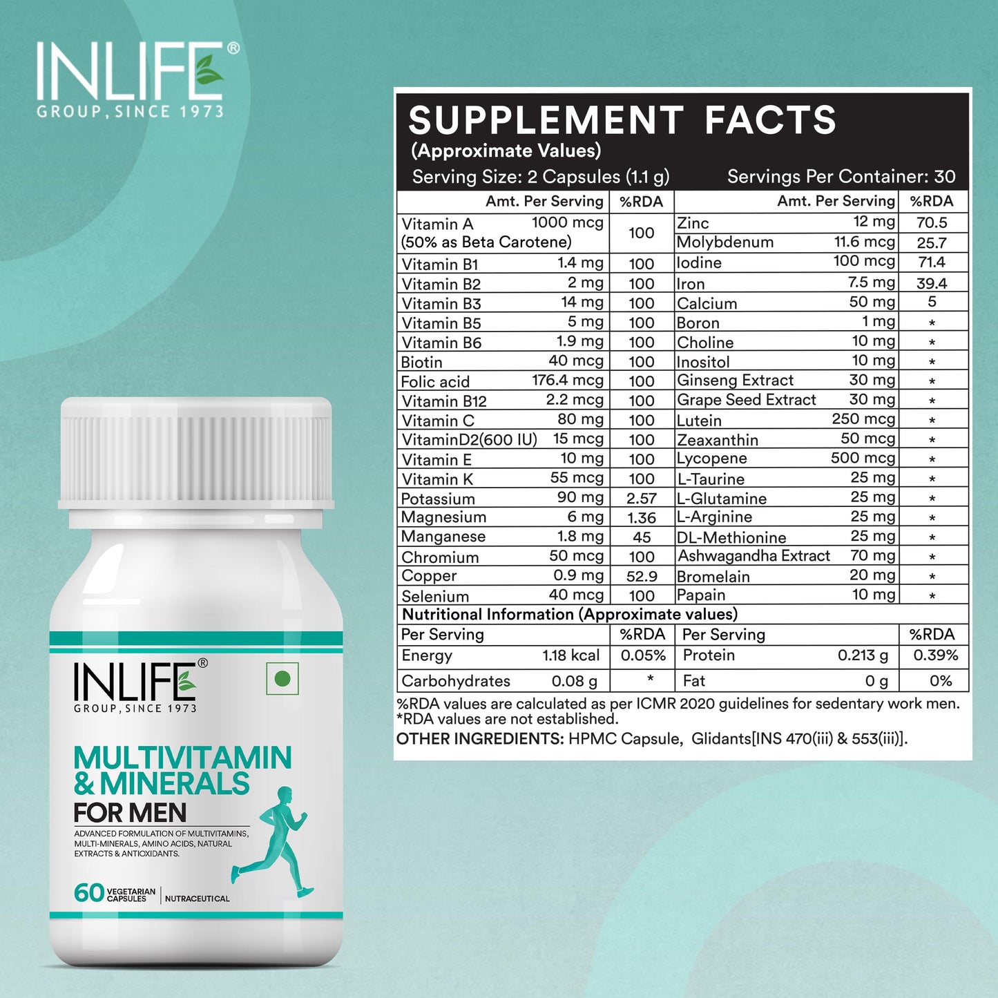 INLIFE Multivitamin for Men Supplement, Vitamins Minerals, 60 Veg Caps