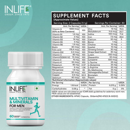 INLIFE Multivitamin for Men Supplement, Vitamins Minerals, 60 Veg Caps