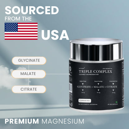 Upyogaa Triple Magnesium Complex Chelated Glycinate, Malate, and Citrate 90 Veg Capsules for better Sleep, Energy, Gut & occasional constipation support, no extra additives, 300 mg pure Elemental Magnesium