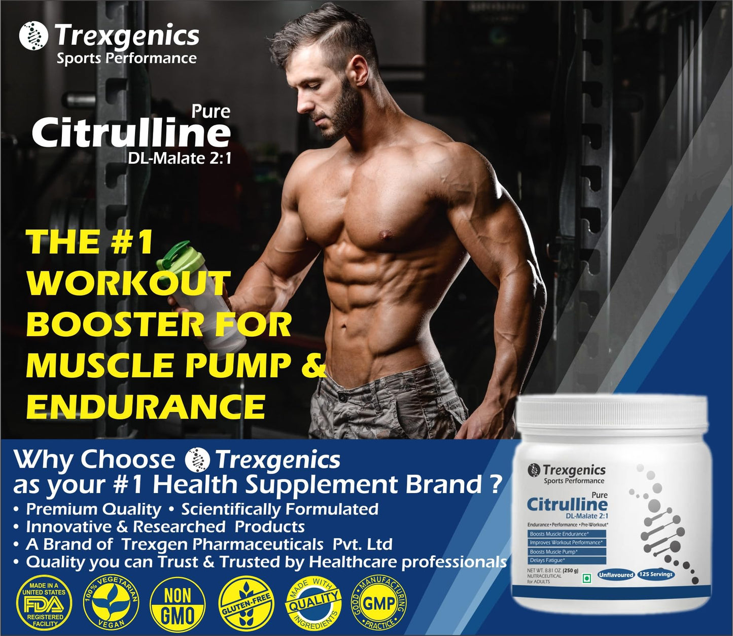 Trexgenics CITRULLINE Pure Powder (125 Servings) Endurance, Muscle Pump, Fatigue Control (250 gm) (Pack of 1)