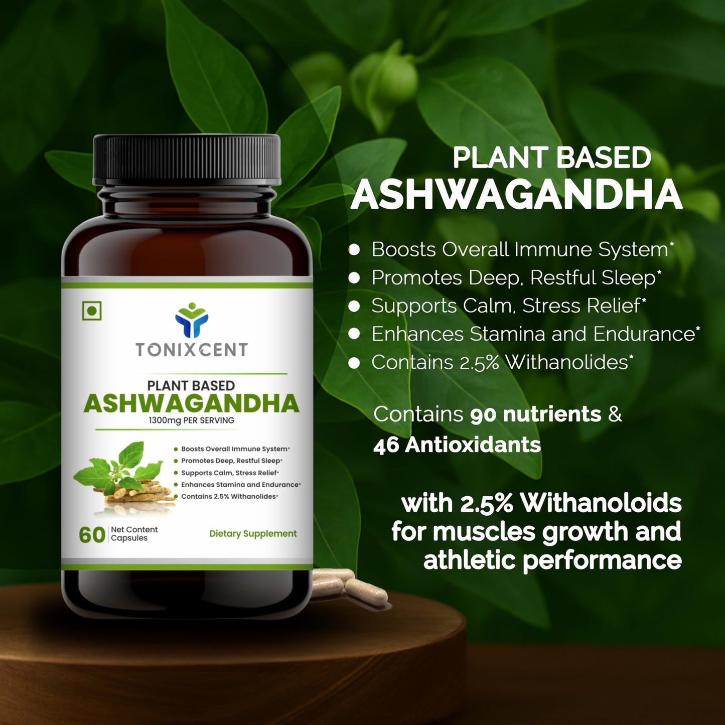 TONIXCENT Mind & Mood Wellness Duo – Ashwagandha 1300mg & Spirulina 2600mg Capsules, 60+60 Vegan Capsules