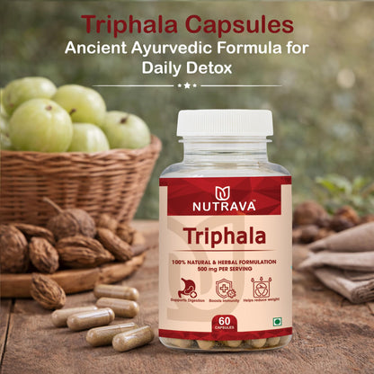 Nutrava Triphala Capsules 500mg | Ayurvedic Digestive Cleanse & Detox Supplement for Gut Health, Digestion & Immunity | Herbal Supplement for Men & Women | 60 Veg Capsules
