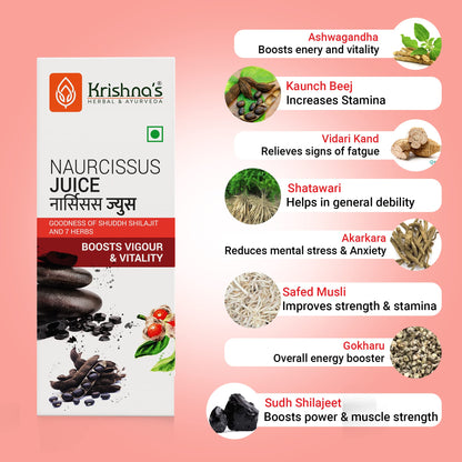 Krishna's Naurcissus Juice - 1000 ml | Ayurvedic ingredients Ashwagandha, Kaunch Beej, Vidari Kand, Shatawari, Akarkara, Safed Musli, Gokhru Etc | Helps in boosting Stamina - (Pack of 2)