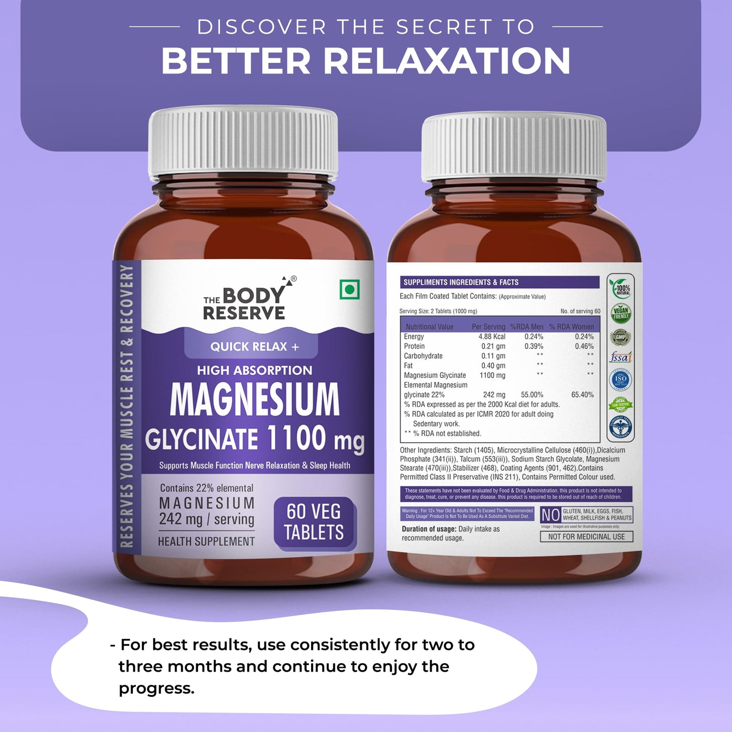 The Body Reserve Magnesium Glycinate Supplement - 60 Veg Tablets, 1100mg Per Serving, High Absorption Chelated Form - Muscle & Nerve Health, Relaxation for Men & Women