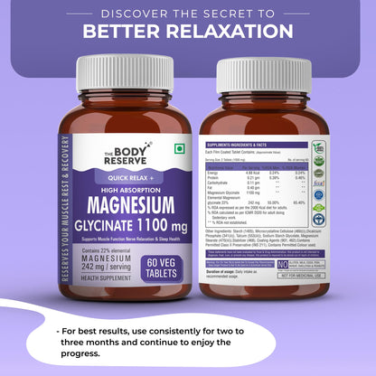 The Body Reserve Magnesium Glycinate Supplement - 60 Veg Tablets, 1100mg Per Serving, High Absorption Chelated Form - Muscle & Nerve Health, Relaxation for Men & Women