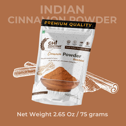 GOURMET HEALTH IMPRESSIONS Superior Grade Cinnamon (Dalchini) Powder 75g - Richly Aromatic, Finely Ground, Non-GMO - Perfect for Baking & Spicing Up Dishes | GHI Foods