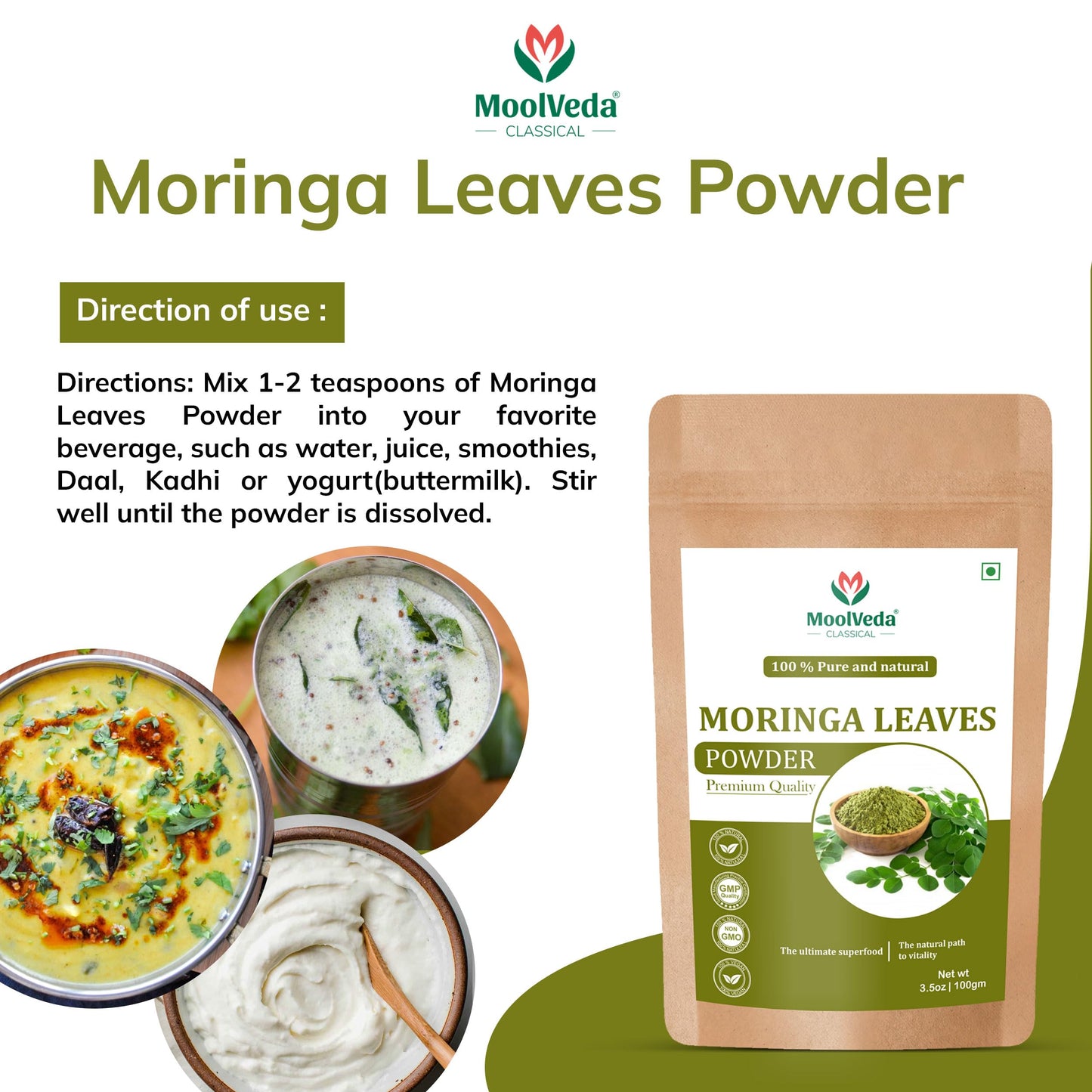 Moolveda Pure Moringa(Moringa oleifera) Leaves Powder For Natural Energy & Nutrient Boost with Nature's Best Superfood, 100gm