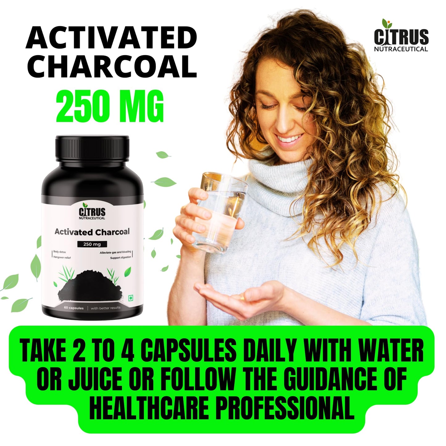 CITRUS NUTRACEUTICAL Activated Charcoal 250 mg Capsules – Natural Detox Supplement for Digestion & Gas Relief – 60 Veg Capsules