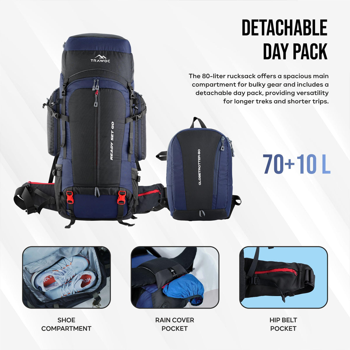 TRAWOC GLOBETROTTER 80 Liter (70+10) Internal Metal & Fiber Frame Rucksack Bag for Men & Women Trekking, Hiking Travel Backpack with Detachable Daypack, Rain Cover and Shoe Compartment, Navy Blue